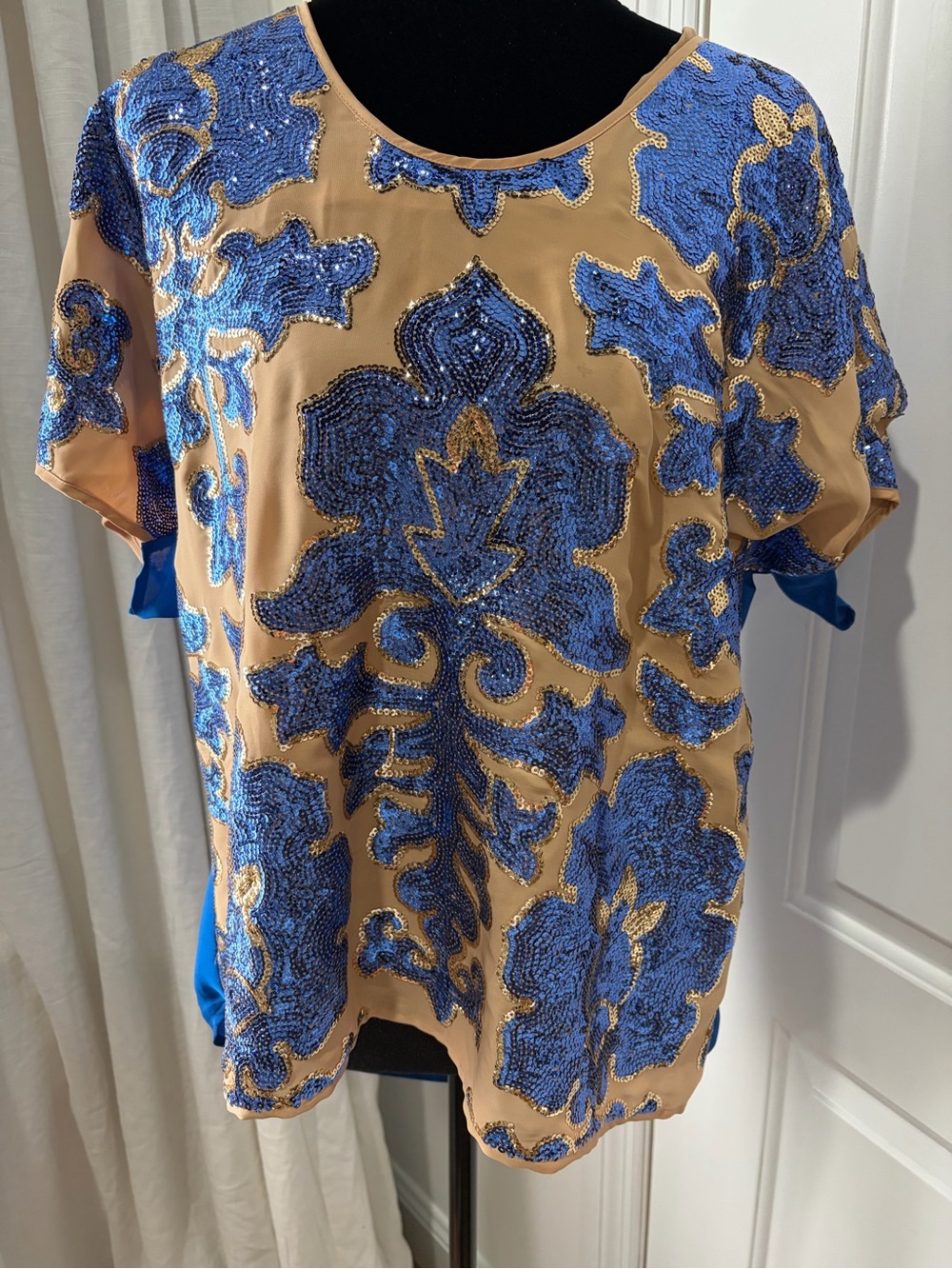 Tracy Reese Blue Sequin Floral Embellished Top